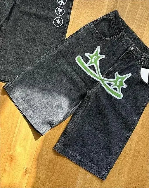 Shorts Jeans com Estampa de Grafite de Geometria Gótica Retro Americana Homens Mulheres Y2k Cintura Baixa Folgada na Altura do Joelho Jorts Curto