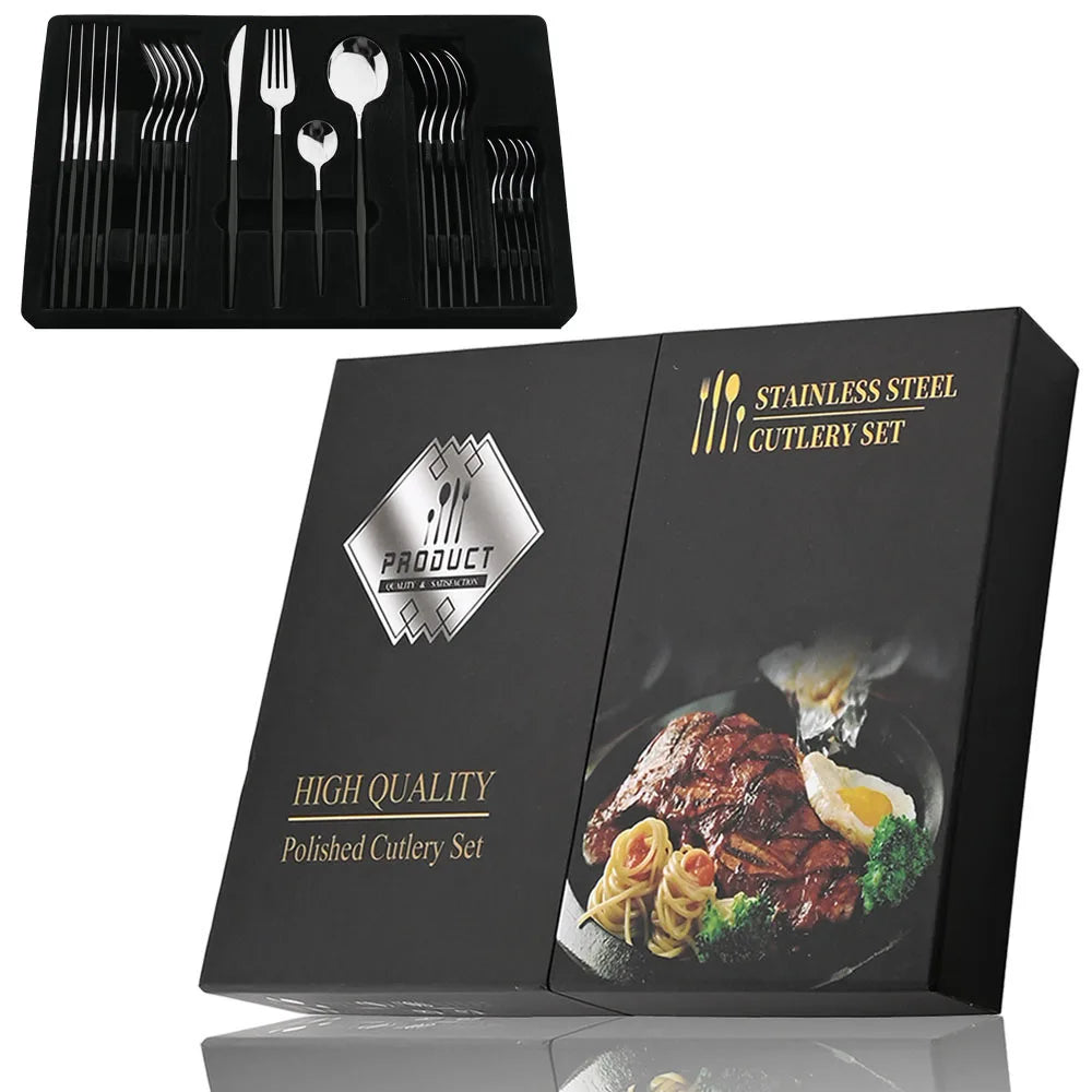 24 Pcs Preto Punho Conjunto de Talheres Dourados Aço Inoxidável Faca Garfo Colher Talheres Conjunto de Talheres Festival Cozinha Louça Presente