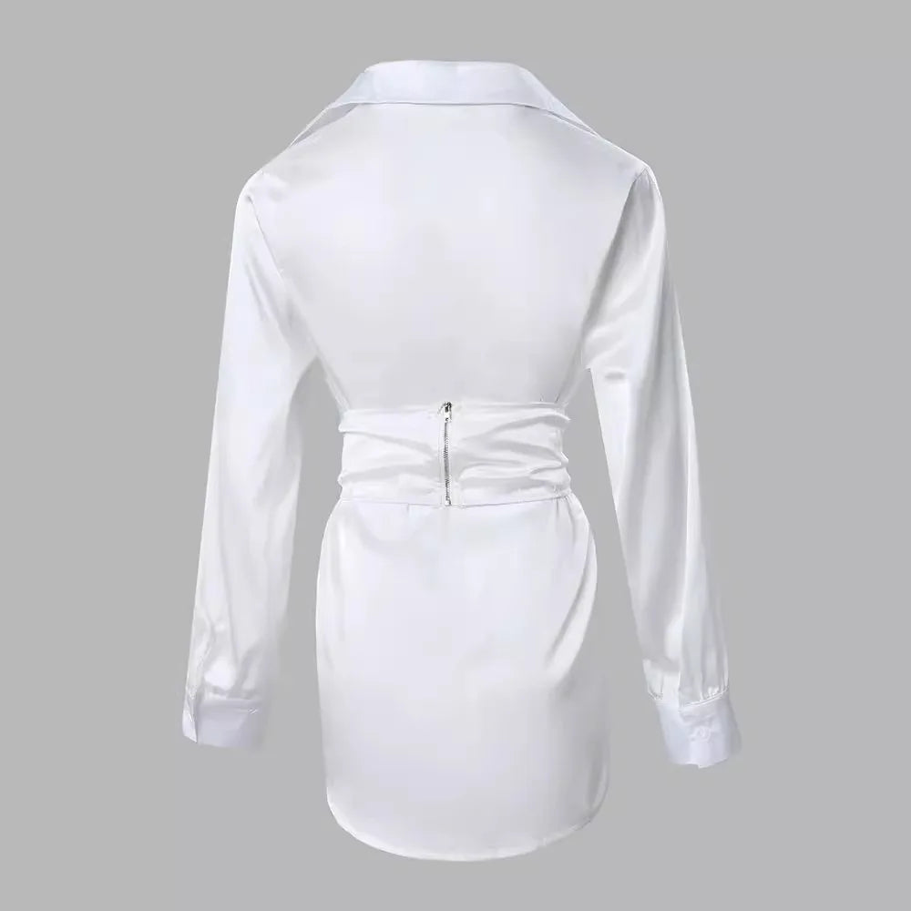 Roupas Femininas Moda Côr Sólida Branco Camisa com Cadarço Vestido Manga Longa Verão Mini Vestido Sexy