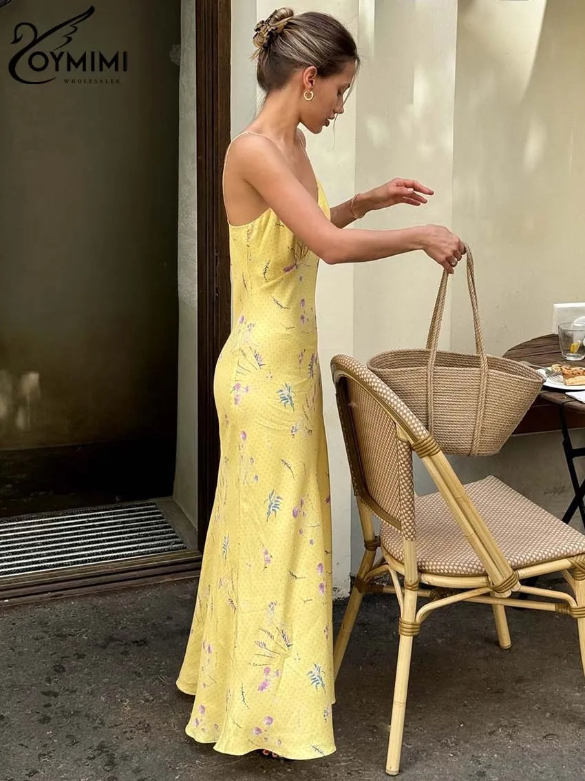 Vestido Feminino Casual Oymimi com Estampa Amarela Elegante Alças Finas Costas Abertas Moda Outono Cintura Alta Vestido de Tornozelo
