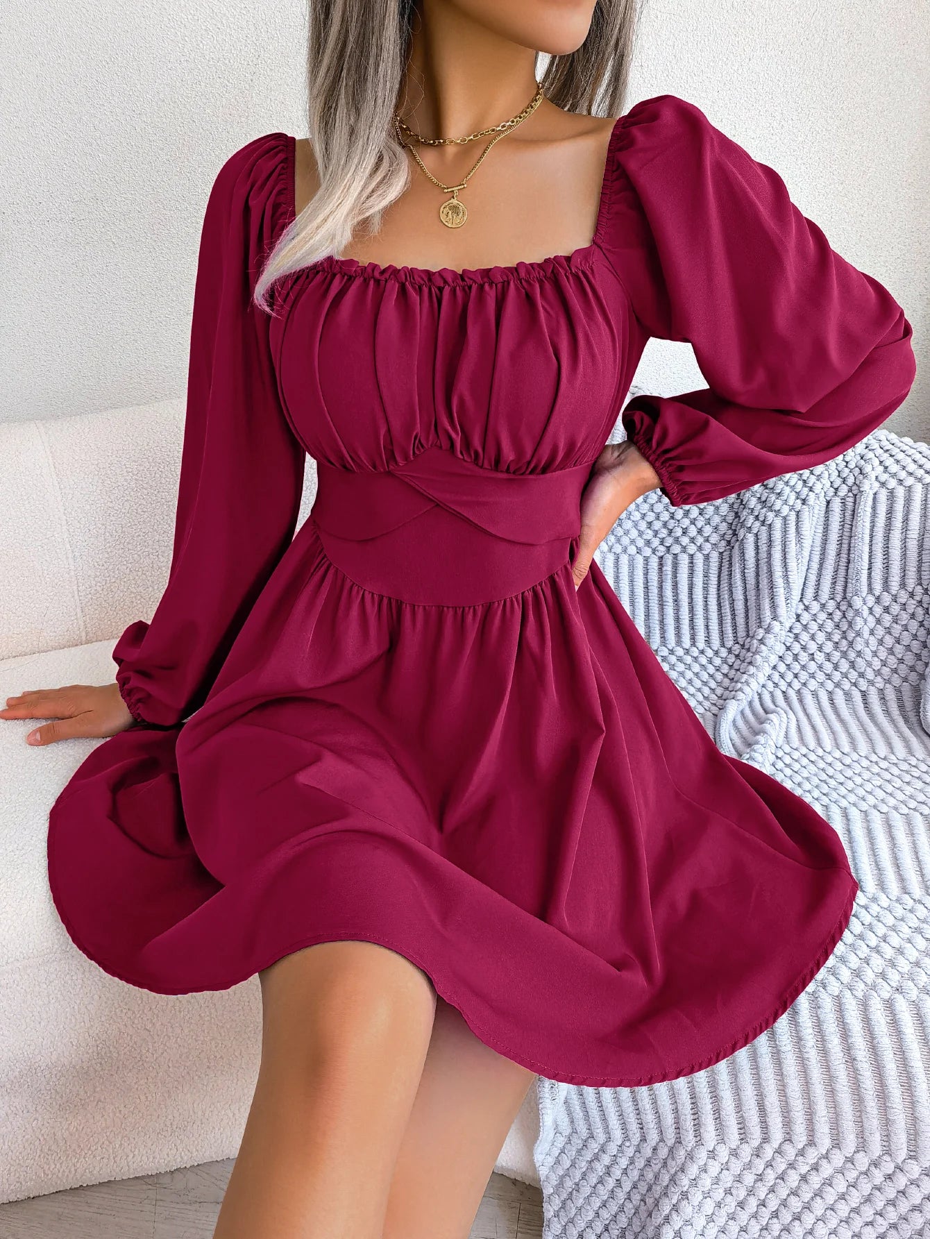 Vestido Casual Franzido com Decote Quadrado e Manga Longa com Acabamento em Babados para Primavera e Outono, Roupas Femininas