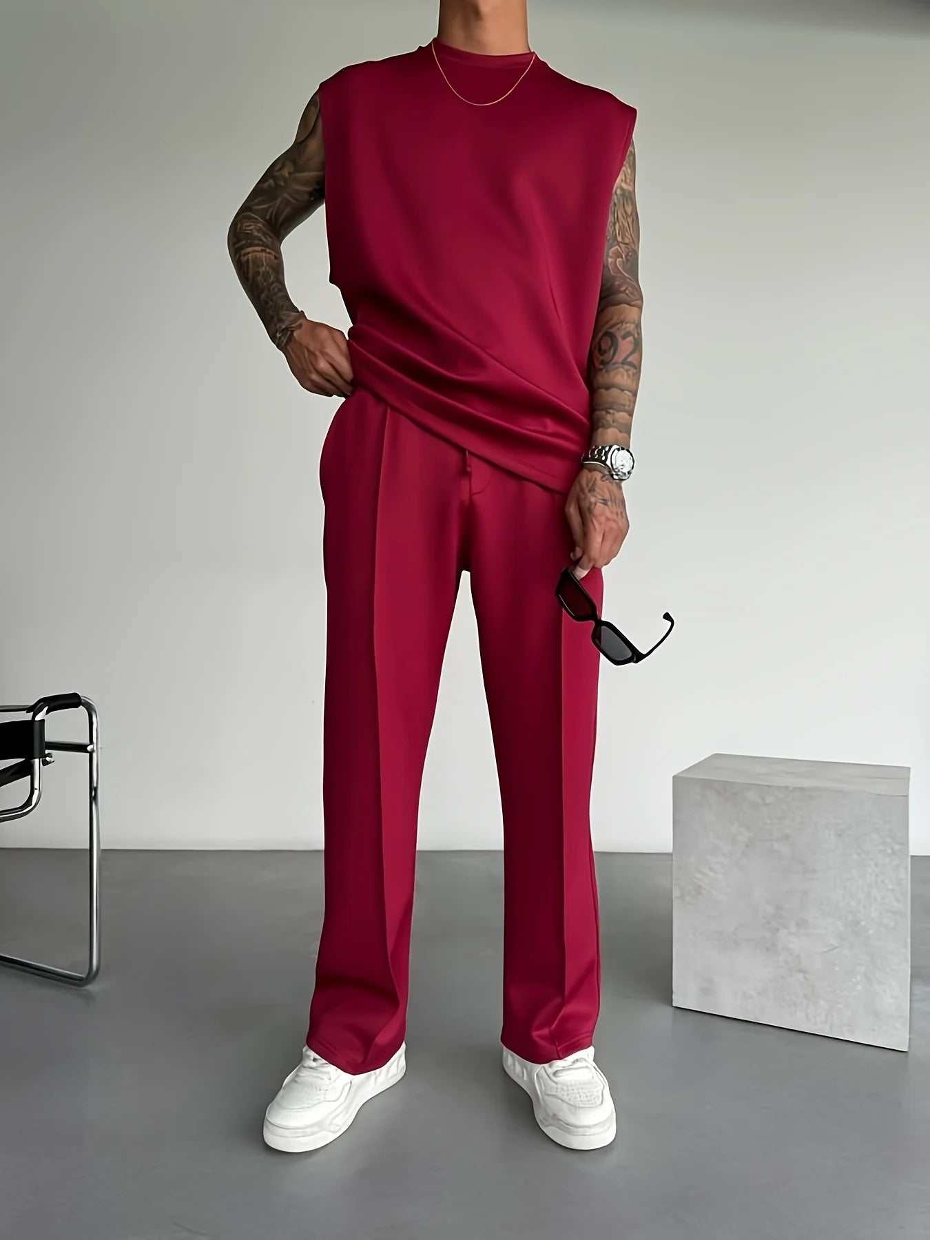 2025 Verão novo masculino moda esportiva calças casuais colete conjunto solto sem mangas T-shirt conjunto de cor sólida