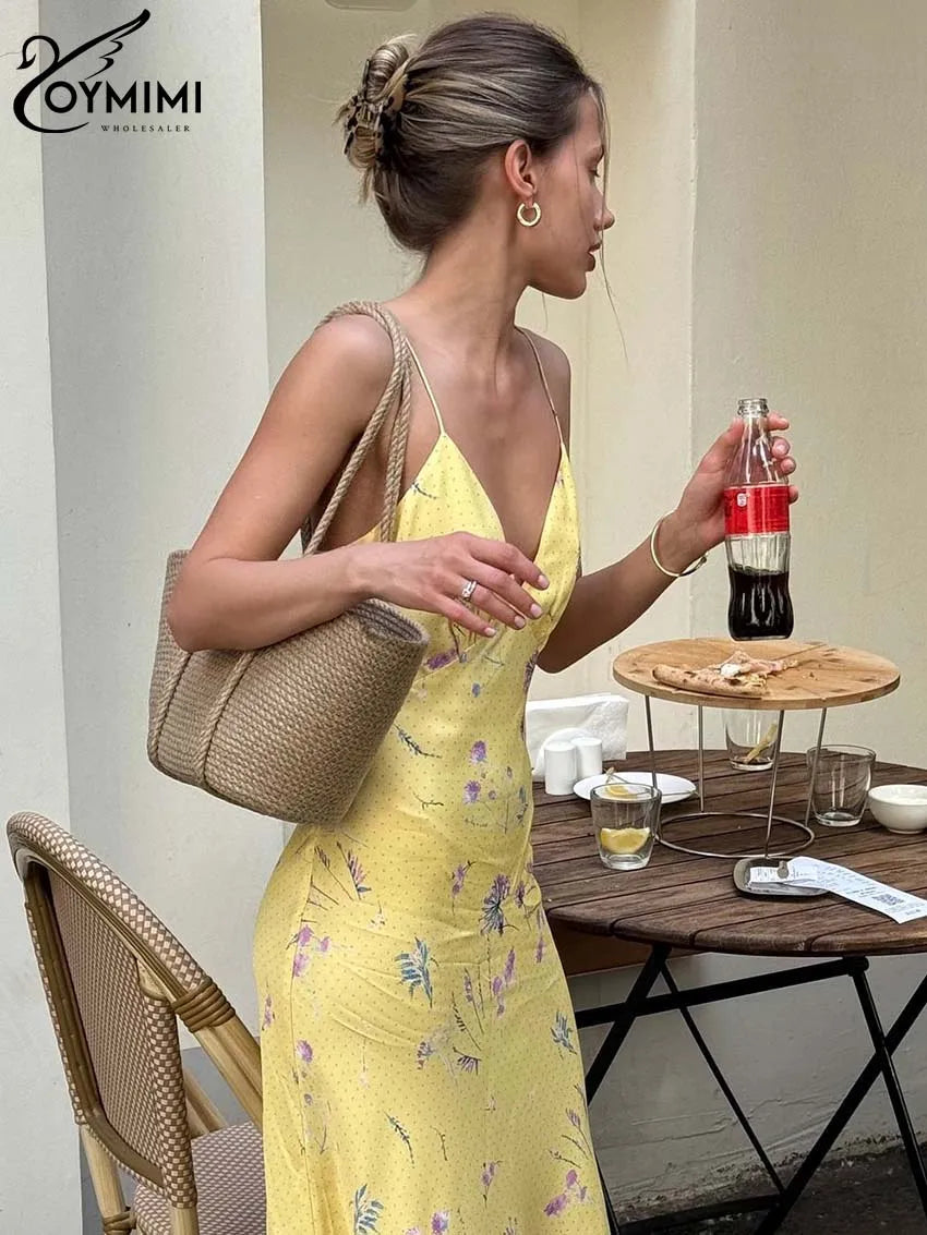 Vestido Feminino Casual Oymimi com Estampa Amarela Elegante Alças Finas Costas Abertas Moda Outono Cintura Alta Vestido de Tornozelo