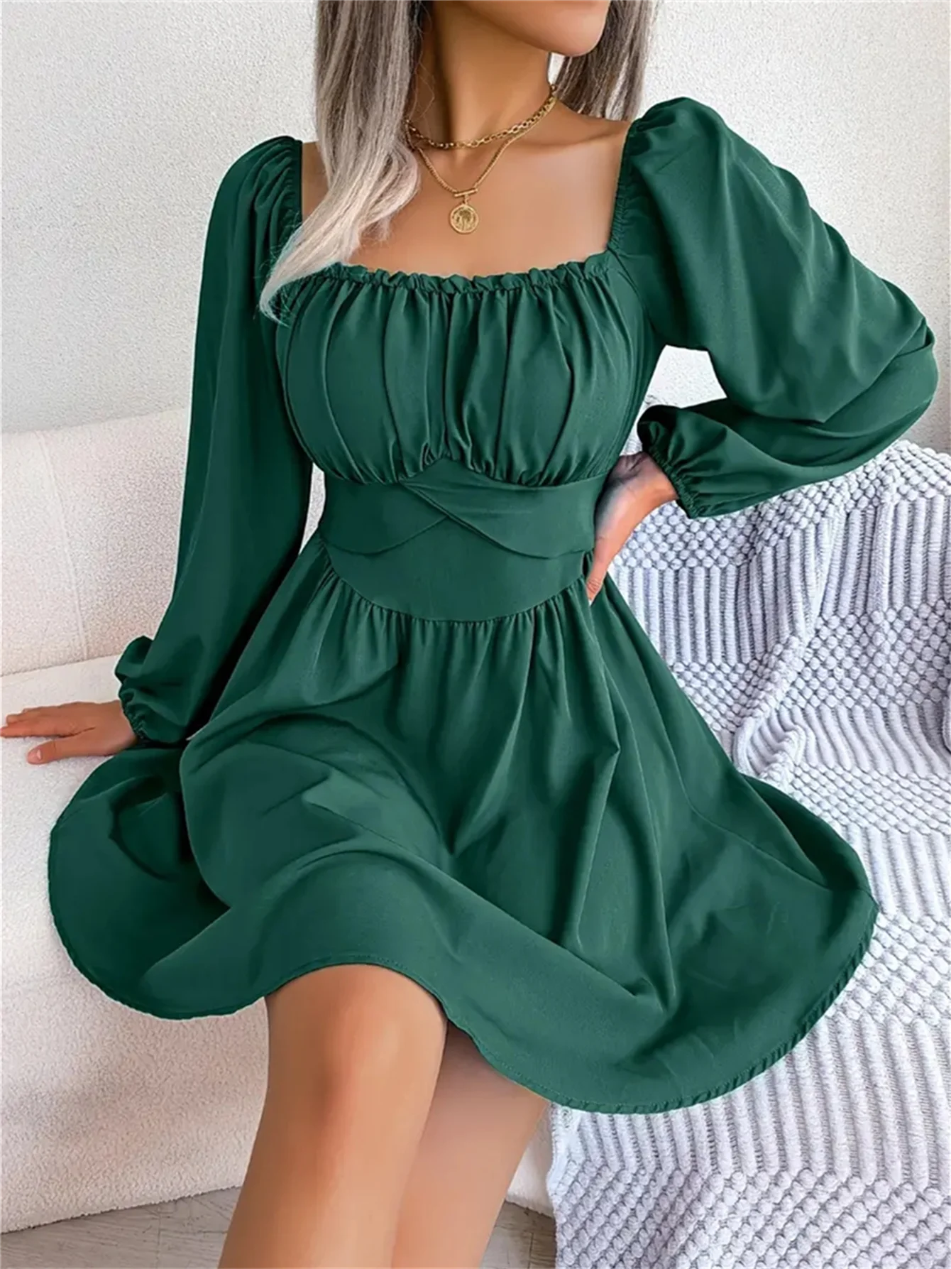Vestido Casual Franzido com Decote Quadrado e Manga Longa com Acabamento em Babados para Primavera e Outono, Roupas Femininas