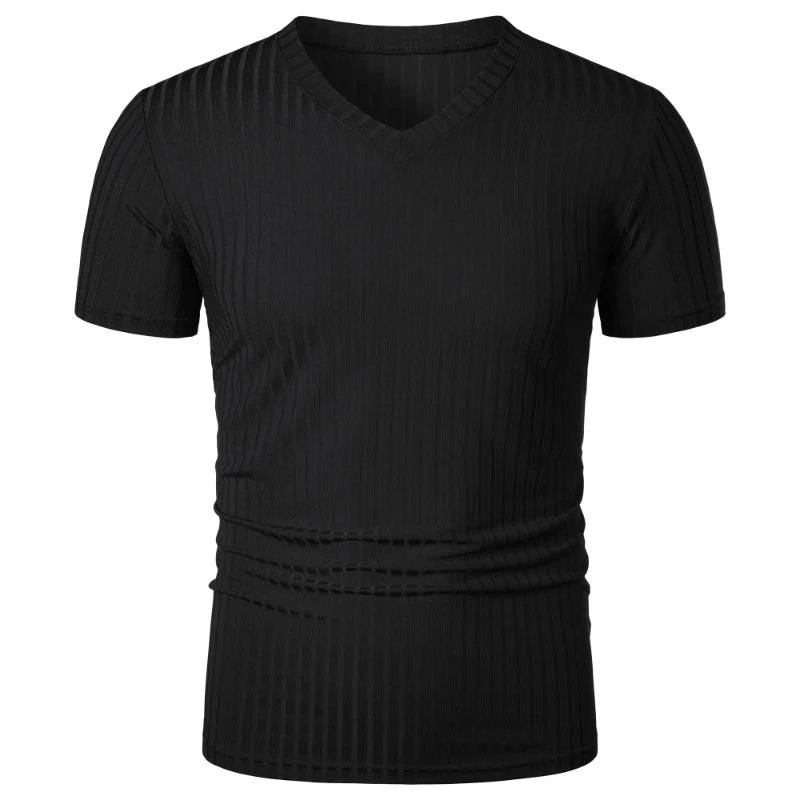 Homens Corrida Esportes Fitness Verão Novo Alto Elástico Listra Vertical Manga Curta Decote em V Slim Fit Malha Inferior Camisa Top