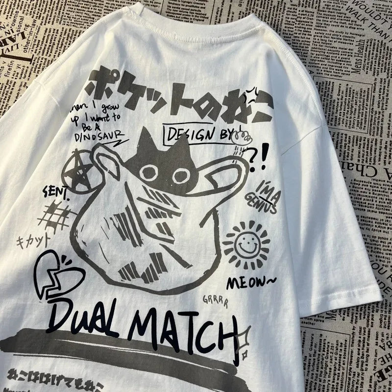 Verão japonês retro bolso gato desenho animado impresso manga curta camiseta masculino feminino casais unissex estilo universitário grande top