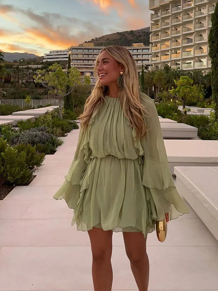 Mulheres elegantes verde irregular babados soltos mini vestido moda o pescoço manga cheia vestidos curtos primavera verão chique vestidos de senhora
