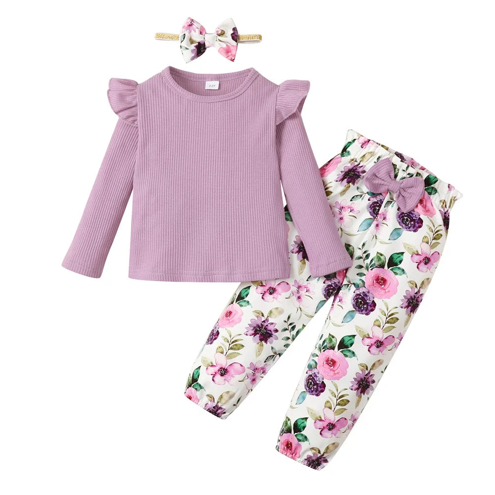1-5 anos Kids Girl Conjunto de roupas de manga comprida Camisa com nervuras de cor sólida + calças florais + faixa de cabeça Outono 3PCS Outfit para menina da criança
