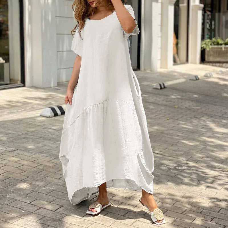 Mulheres Decote Em V Manga Curta Solta Vestido De Linho De Algodão Moda Verão Feminino Oversized S-5XL Longo Maxi Vestido JYFS-3029