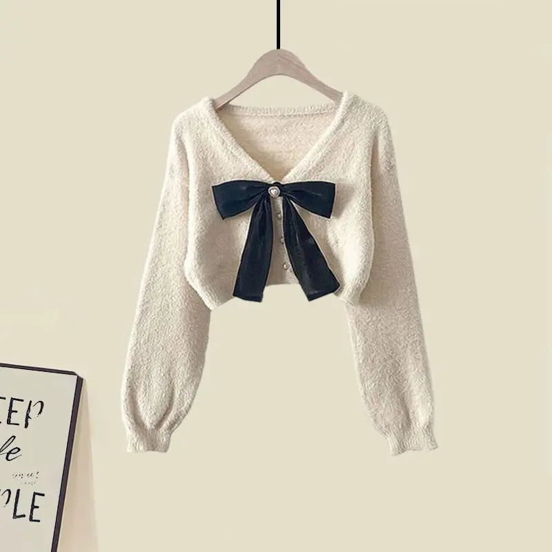 Primavera Outono Novas Suéteres de Malha Femininas Duas Peças 2025 Coreano Elegante Arco Cardigan Strap Saia Conjunto Correspondente Roupas Femininas