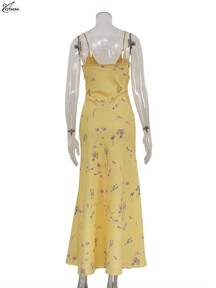 Vestido Feminino Casual Oymimi com Estampa Amarela Elegante Alças Finas Costas Abertas Moda Outono Cintura Alta Vestido de Tornozelo