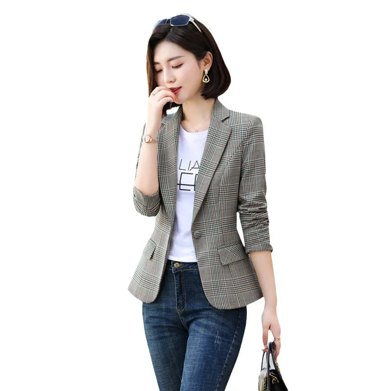 Jaqueta de Blazer Xadrez Listrado Cinza Moda Feminina Casacos Slim Decote em V Único Botão Senhoras Blazers S-XXXXXL