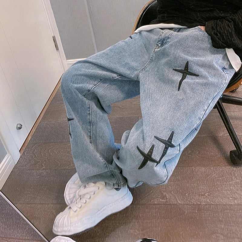 Estampas Jeans Homens 2023 Novo Streetwear Baggy Wide Leg Jeans Coreano Moda Cortinas Reta Casual Solta Denim Cargo Calças