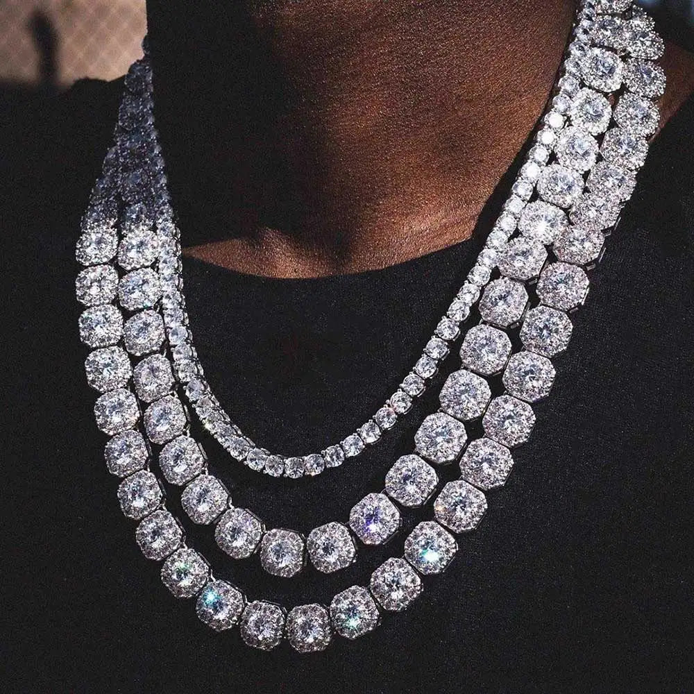 10 / 12MM Clustered Tennis Chain para Homens Colar Hip Hop Iced Out Zircônia Latão Rapper Rock Gargantilha Jóias