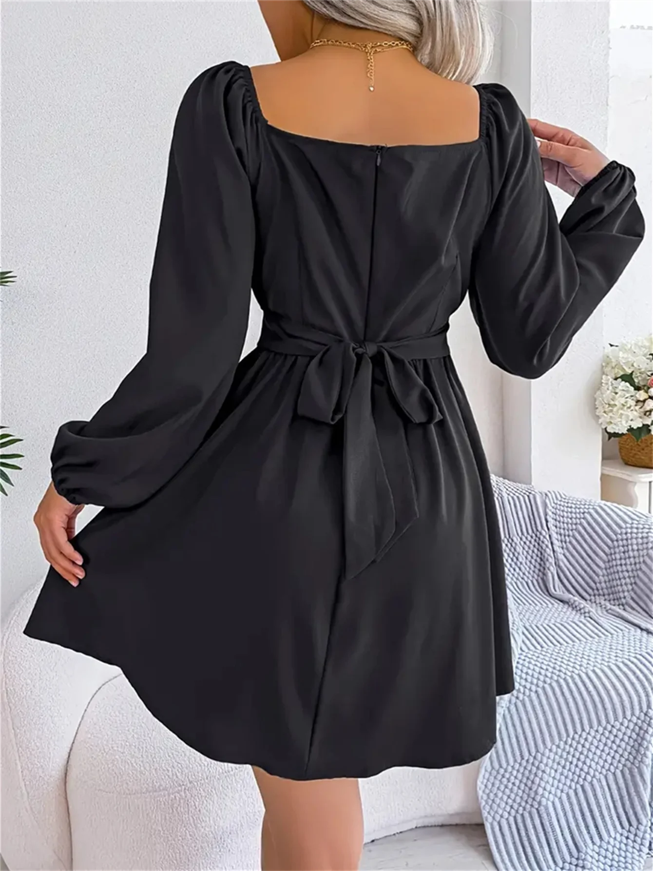 Vestido Casual Franzido com Decote Quadrado e Manga Longa com Acabamento em Babados para Primavera e Outono, Roupas Femininas