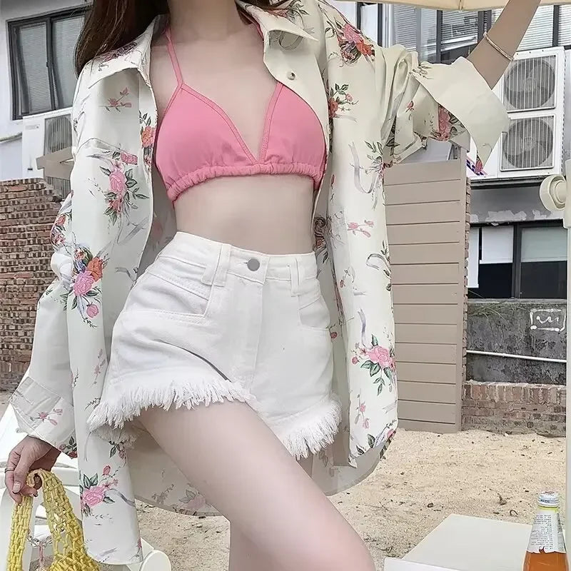 Shorts jeans com franjas avermelhadas rosa verão feminino novo nicho emagrecimento cintura alta picante menina linha A calças de calor de perna larga