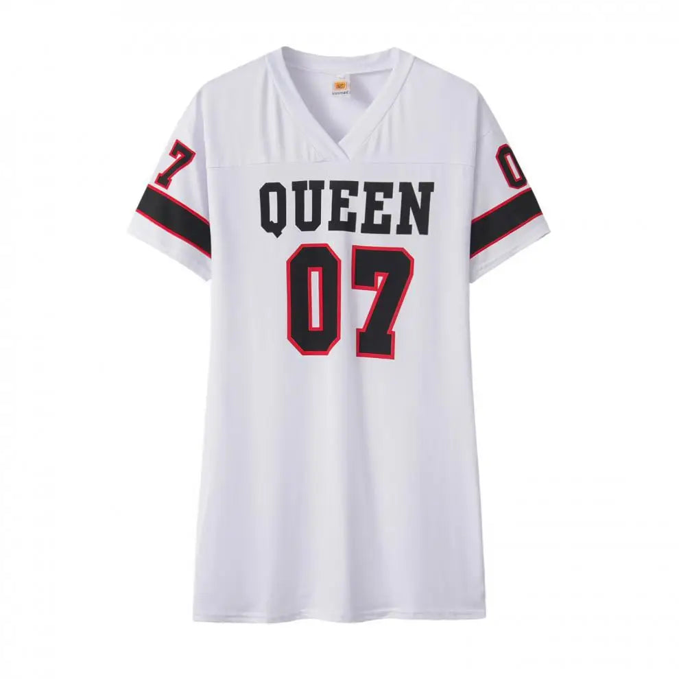 2024 Nova Moda Decote Em V Rainha Letras Vestido Estampado Manga Curta Basquete Estilo Esportivo Sexy Solto Roupas Femininas Streetwear