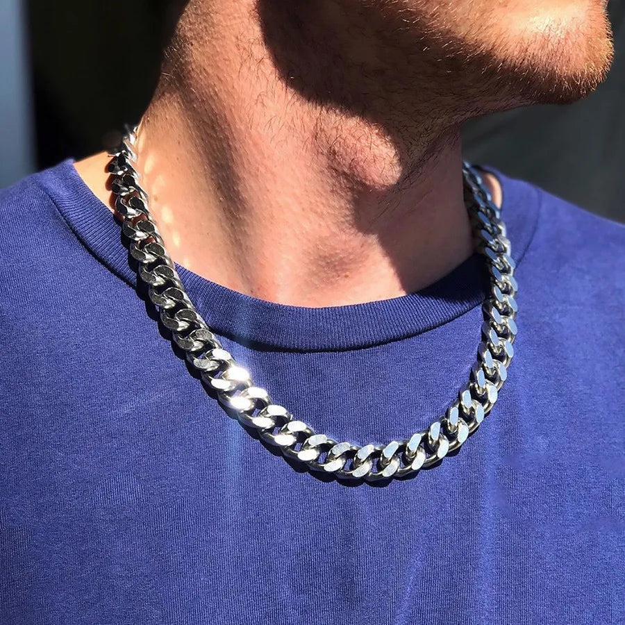 HNSP 8MM-14MM Corrente de Aço Inoxidável Colar Cubano Para Homens Punk Grosso Pescoço Longo Jóias Masculinas Cor Prata