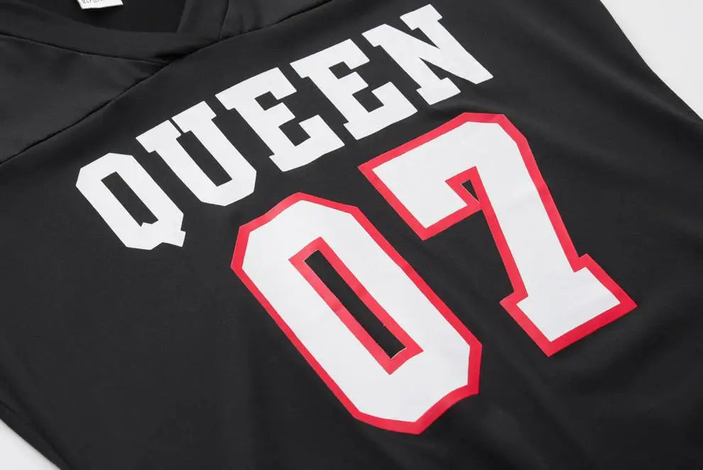 2024 Nova Moda Decote Em V Rainha Letras Vestido Estampado Manga Curta Basquete Estilo Esportivo Sexy Solto Roupas Femininas Streetwear