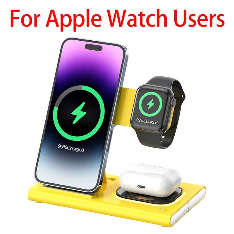 Carregador Sem Fio 3 Em 1 Dobrável 300W com Suporte de Mesa para Carregamento Rápido para iPhone 16 15 14 13, Samsung, Apple Watch e Airpods