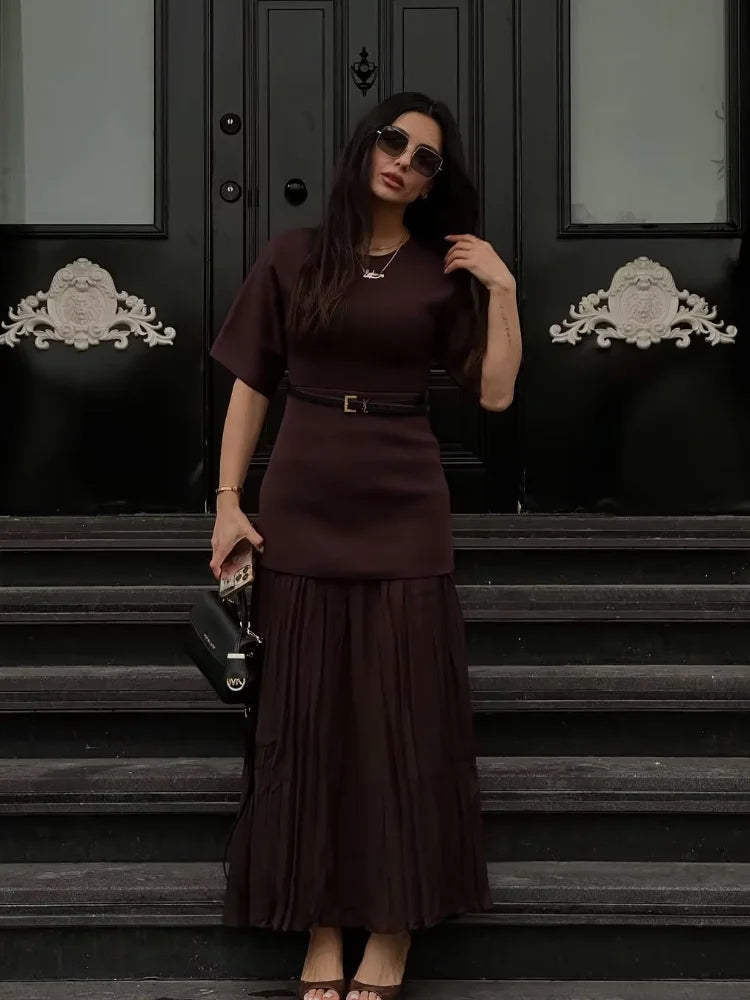 2025 Chic Splicing Brown Meia Manga Maxi Vestido Feminino Casual Plissado A Linha Slim Vestidos Femininos Escritório Comutar Vestes de Rua