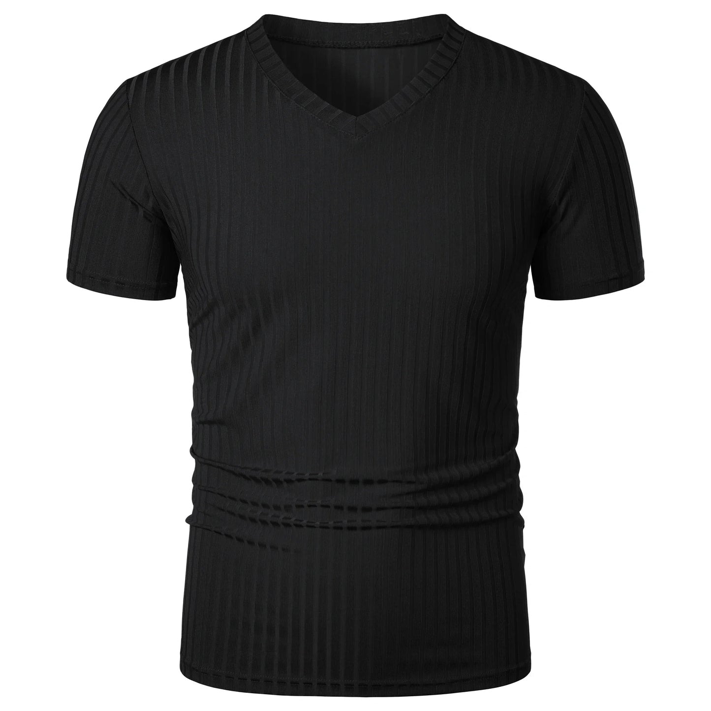 Homens Corrida Esportes Fitness Verão Novo Alto Elástico Listra Vertical Manga Curta Decote em V Slim Fit Malha Inferior Camisa Top
