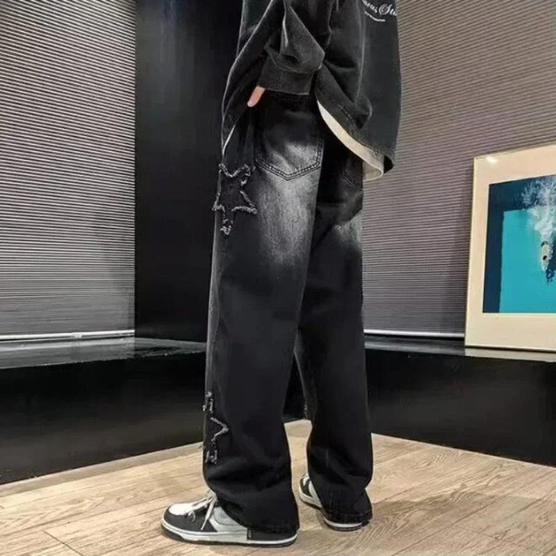 Estrelas Patchwork Homens Jeans Nova Moda Y2K Tassel Pants Coréia Roupas Em Linha Reta Hip Hop Emenda Calças Masculinas Streetwear