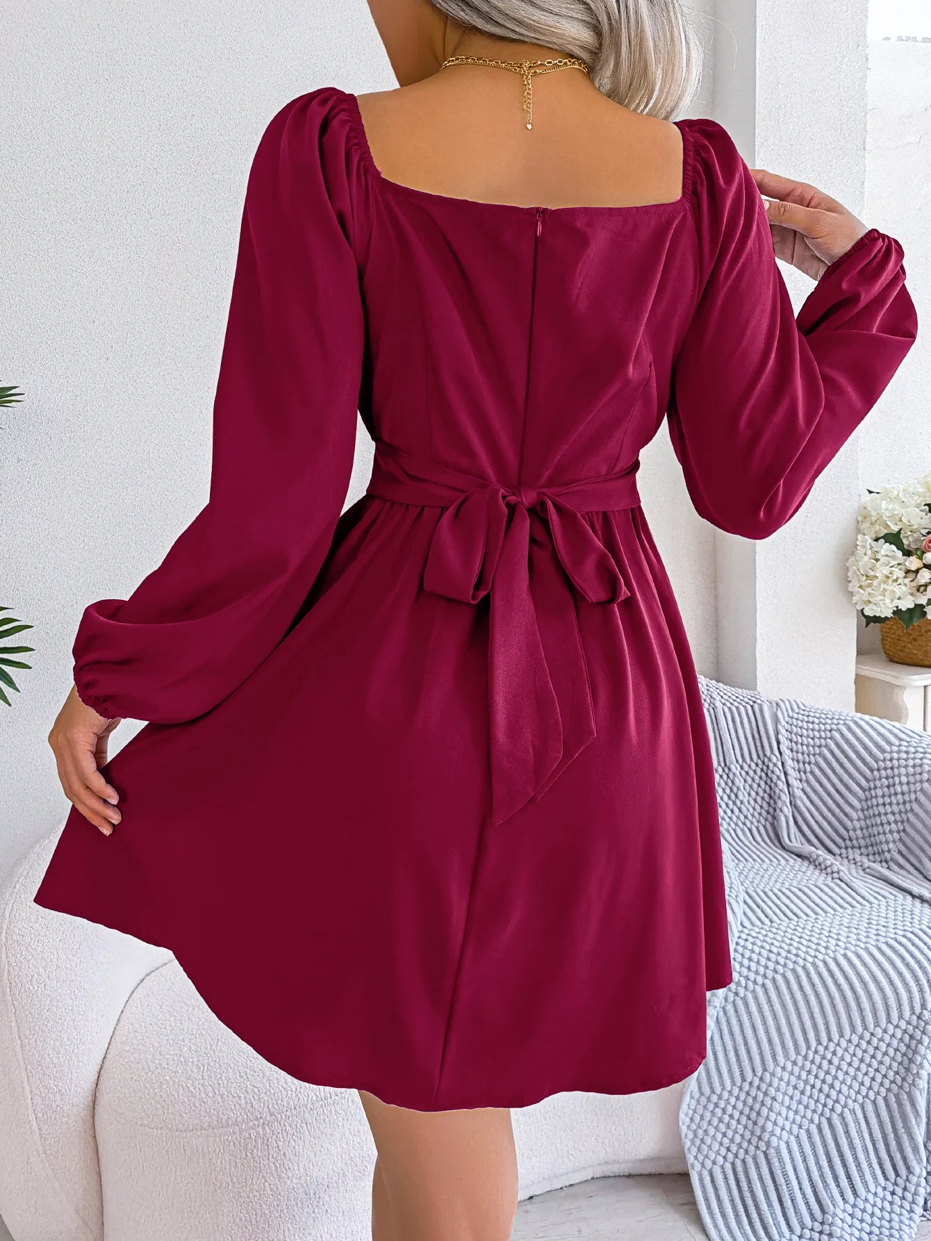 Vestido Casual Franzido com Decote Quadrado e Manga Longa com Acabamento em Babados para Primavera e Outono, Roupas Femininas