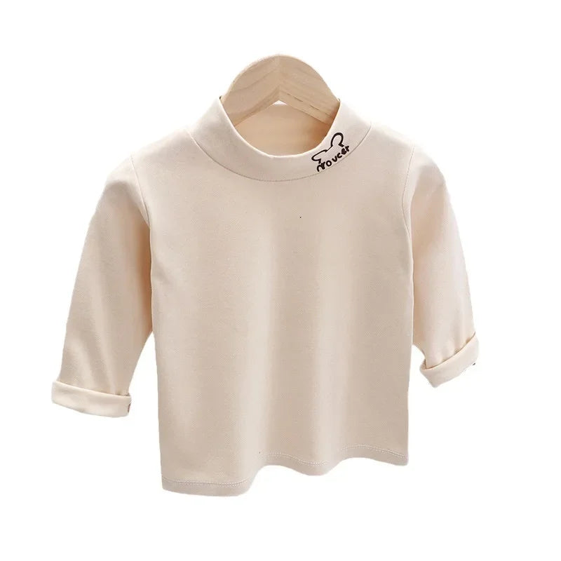 Outono Inverno Crianças Crianças Meninos Meninas T-shirts Tops Gola Alta Sólida Manga Comprida Quente Velo Bottoming Camisas Tees para Crianças