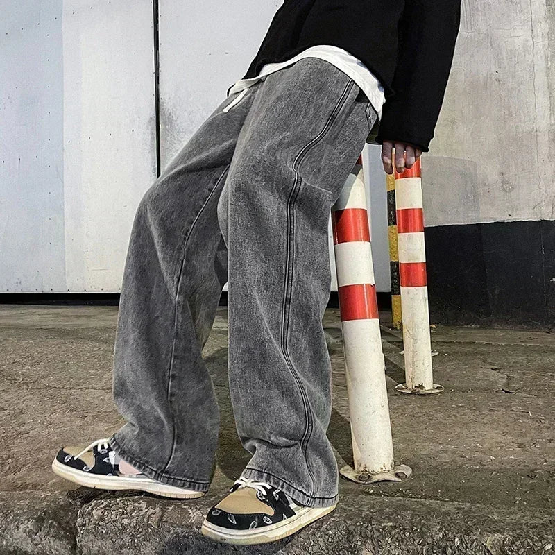 2024 Novo Streetwear Jeans Solto Masculino Estilo Coreano Moda Solta Reta Perna Larga Calças Masculinas Roupas de Marca Preto Azul Claro