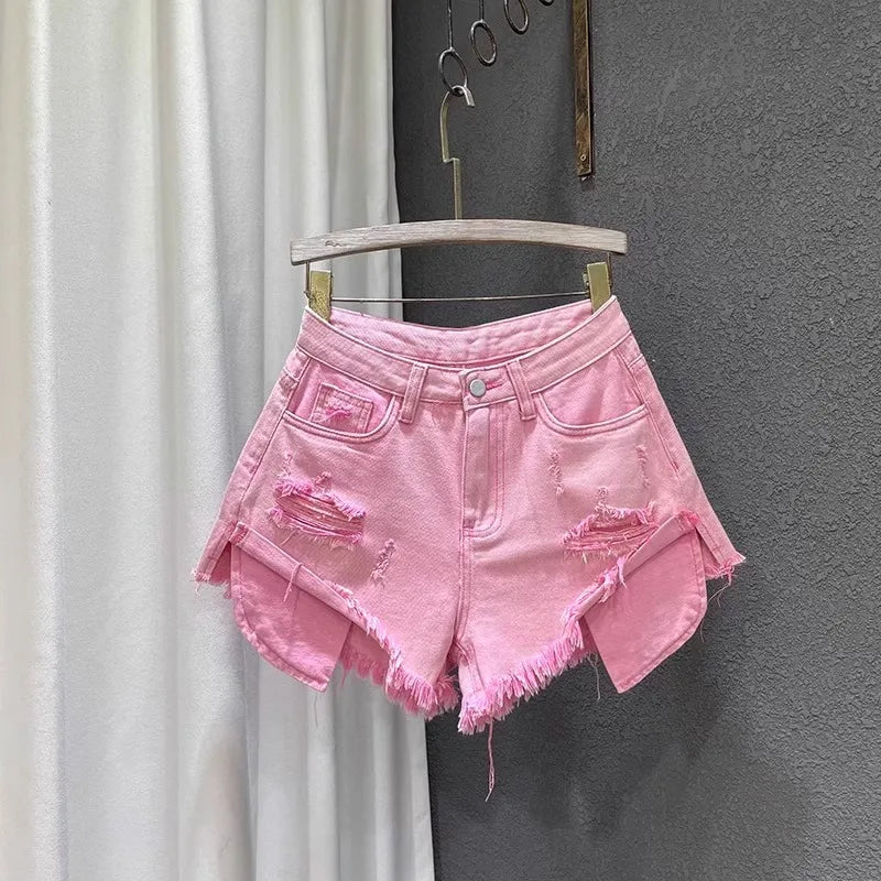 2025 Novas Mulheres Cintura Alta Buracos de cor clara Projetado Shorts Jeans Femininos em forma de A Jeans rasgados s-xl rosa azul