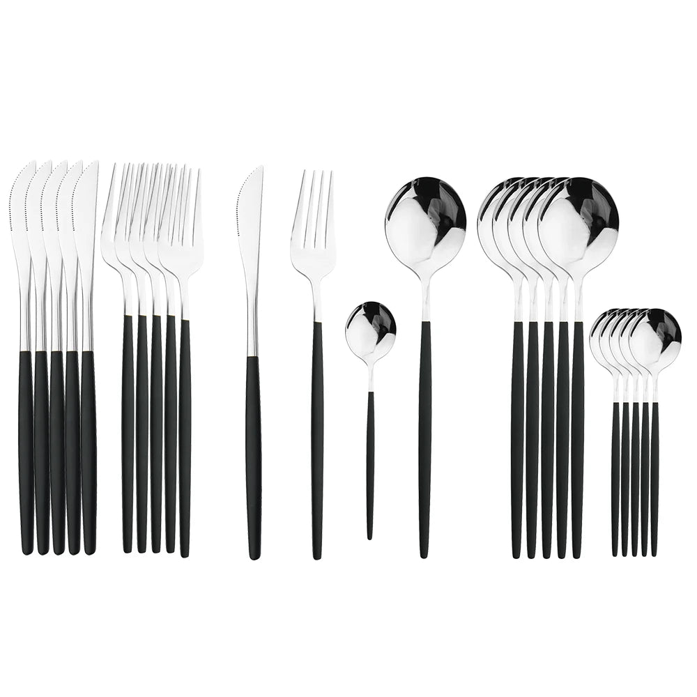 24 Pcs Preto Punho Conjunto de Talheres Dourados Aço Inoxidável Faca Garfo Colher Talheres Conjunto de Talheres Festival Cozinha Louça Presente