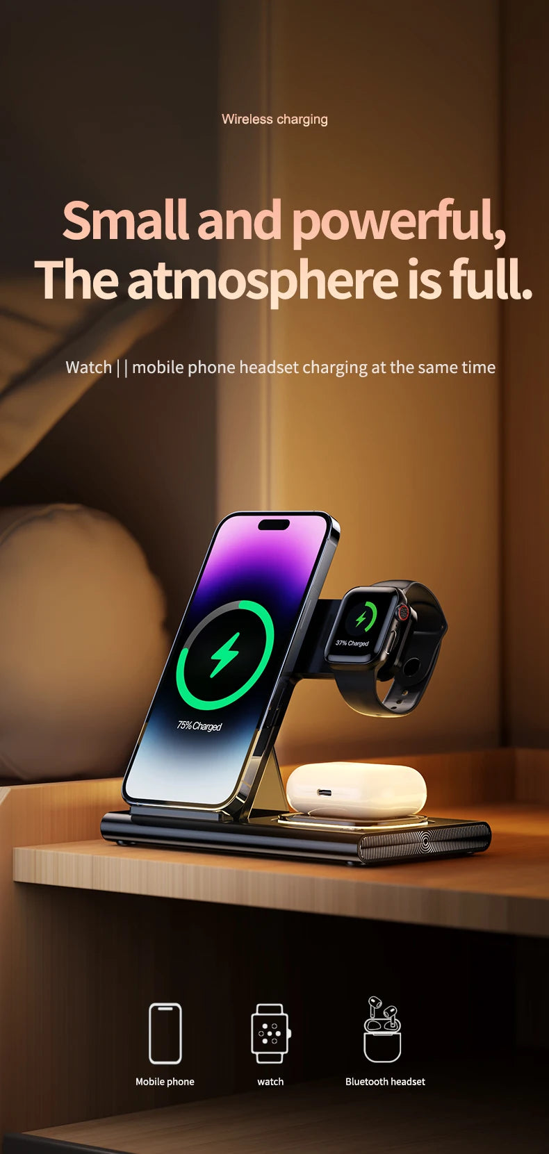 Carregador Sem Fio 3 Em 1 Dobrável 300W com Suporte de Mesa para Carregamento Rápido para iPhone 16 15 14 13, Samsung, Apple Watch e Airpods