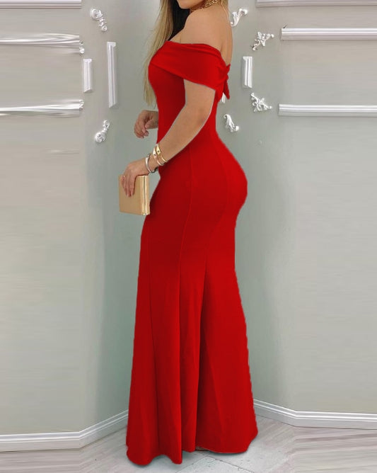 Mulheres Vestido de Noite 2024 Primavera/Verão Mais Recente Inteligente Côr Sólida Vermelho Temperação Um Ombro Festa Apertado Saia Longa