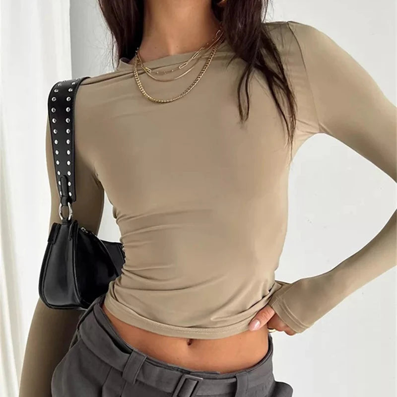 Camiseta de manga comprida feminina Primavera Outono Sólida Slim Fit Camisas casuais Pulôveres femininos Camiseta básica Y2k Roupas Streetwear Crop Tops