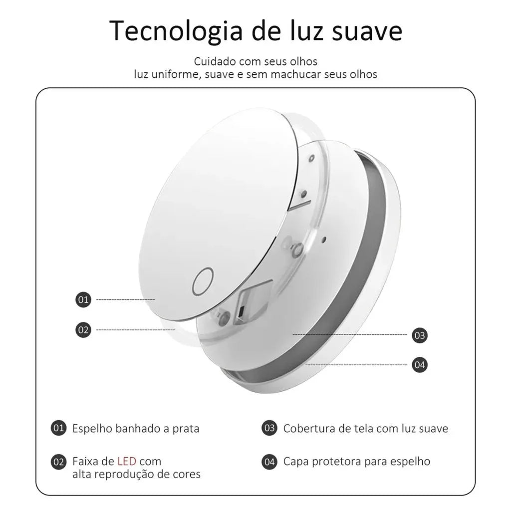 Espelho LED Dobrável – Iluminação e Aumento para Detalhes