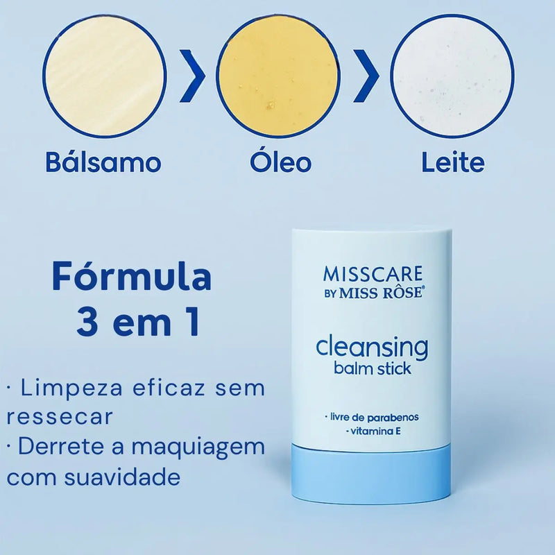 Bálsamo de Limpeza Stick 3 em 1 Miss Rôse - Demaquilante · Vitamina E · Para Todos os Tipos de Pele
