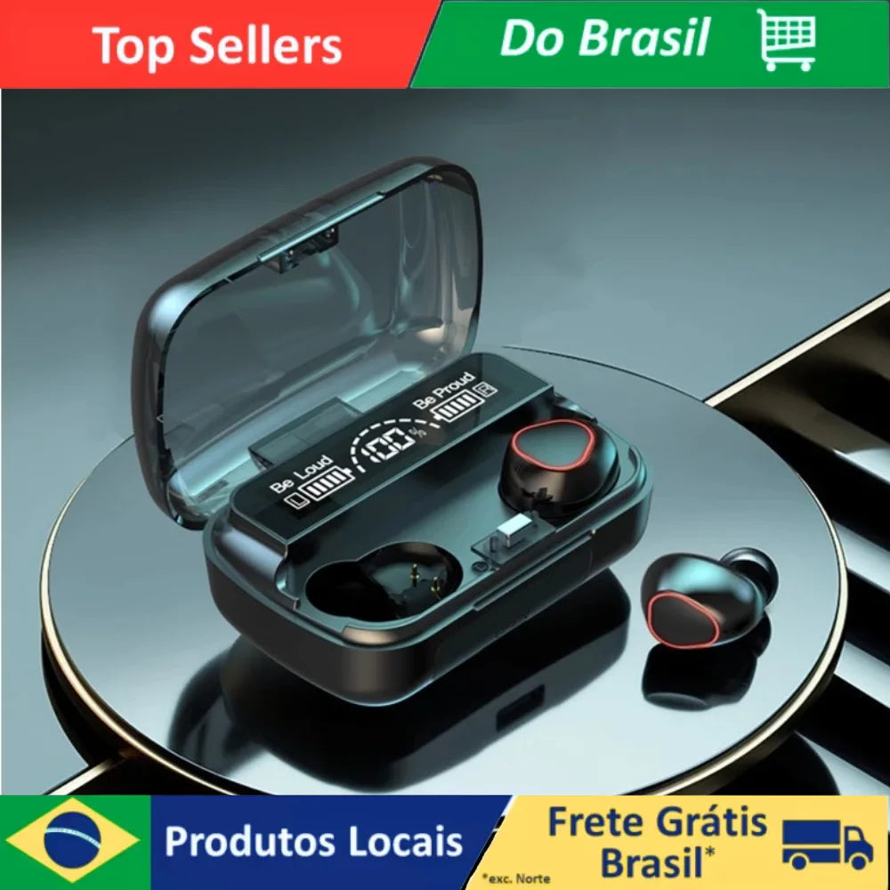 Fone de ouvido Bluetooth 5.1 com estojo LED, à prova d'água, poderoso, com bateria longa e controle touch
