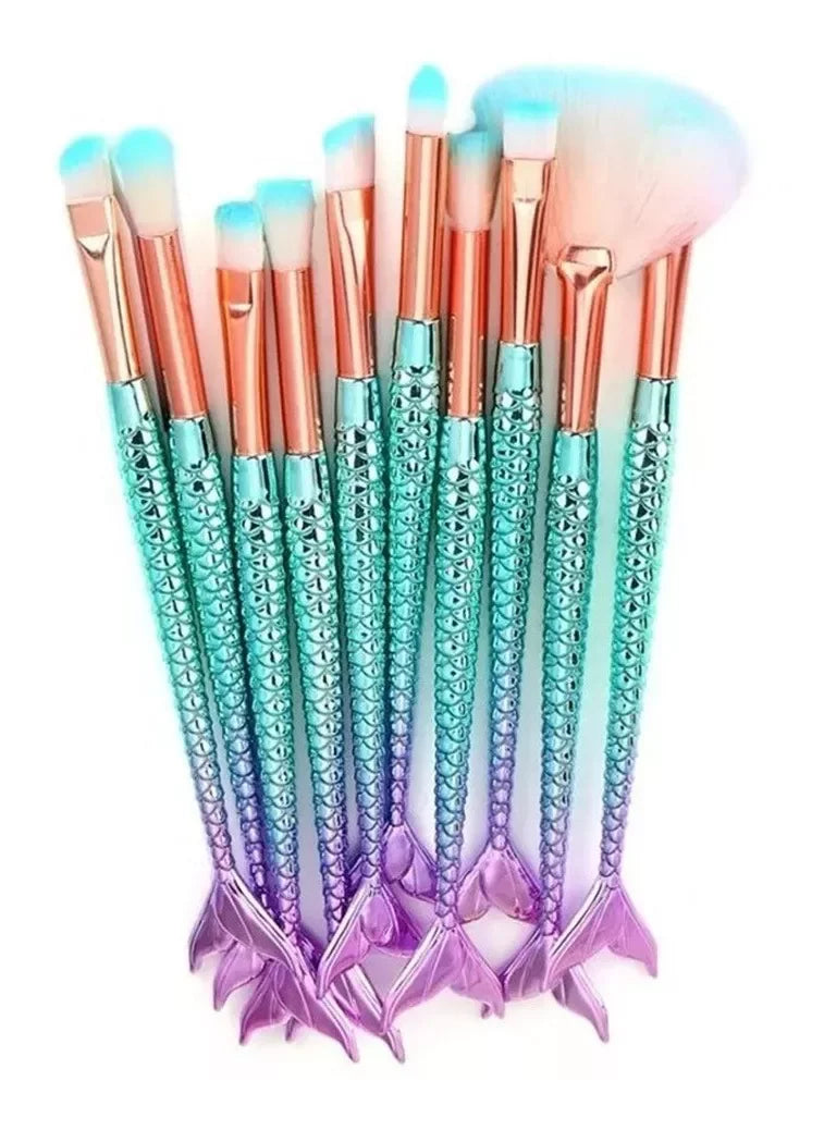 Kit de 10 Pincéis de Maquiagem Sereia Conjunto Completo para Aplicação Profissional de Maquiagem e Acabamento com Qualidade
