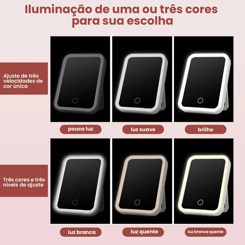 Espelho de Maquiagem LED Recarregável via USB - 3 Camadas com Toque Sensível e 3 Níveis de Iluminação