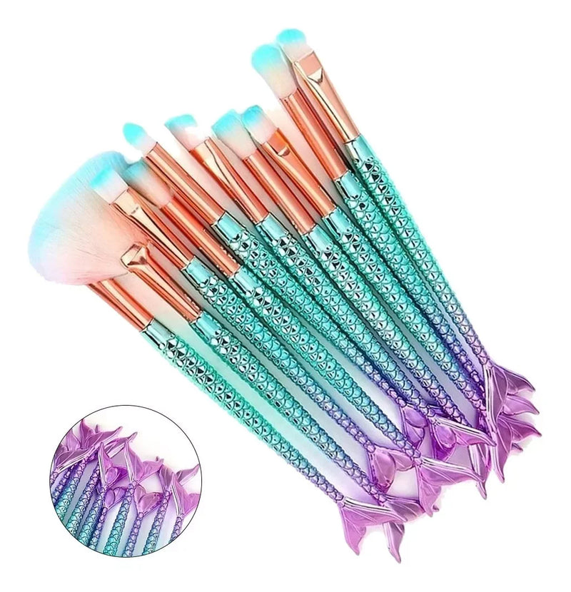Kit de 10 Pincéis de Maquiagem Sereia Conjunto Completo para Aplicação Profissional de Maquiagem e Acabamento com Qualidade