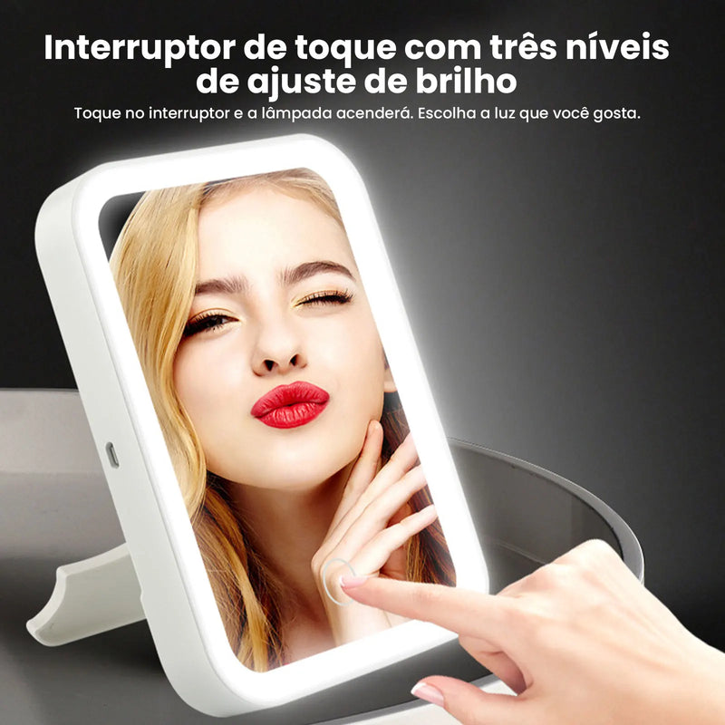 Espelho de Maquiagem LED Recarregável via USB - 3 Camadas com Toque Sensível e 3 Níveis de Iluminação