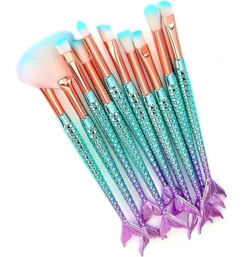 Kit de 10 Pincéis de Maquiagem Sereia Conjunto Completo para Aplicação Profissional de Maquiagem e Acabamento com Qualidade