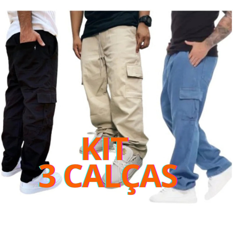 KIT DE CALÇAS CARGO C/3 MASCULINO GRANDE SKATE CASUAL BOLSOS FECHAMENTO CORDÃO ELÁSTICO