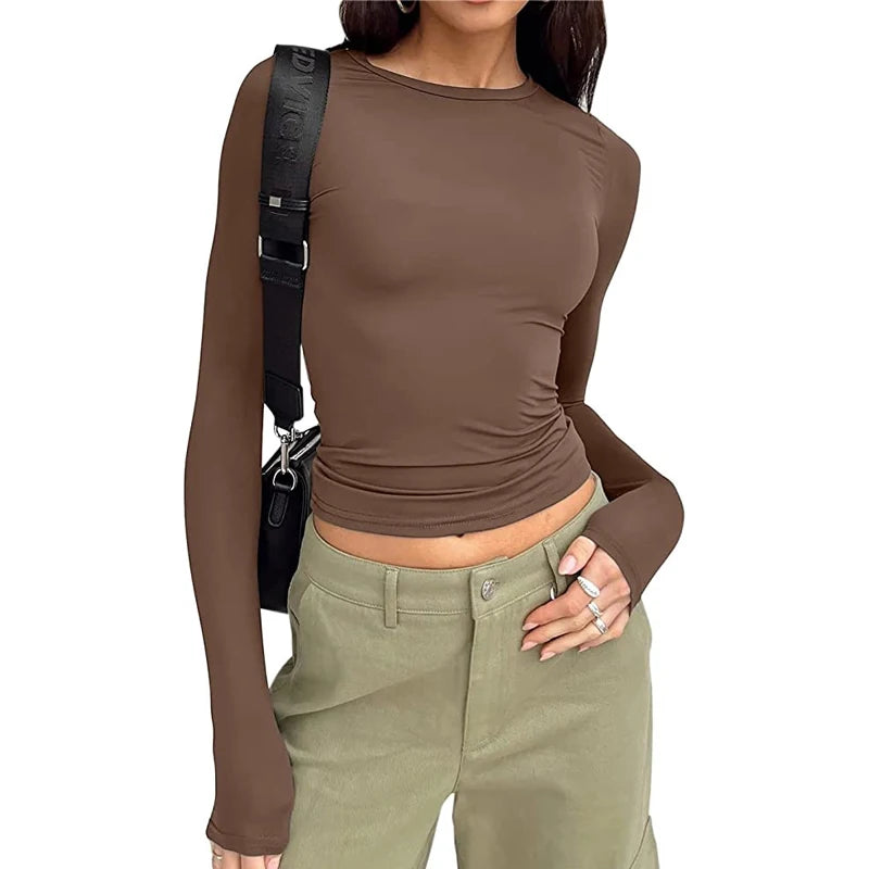 Camiseta de manga comprida feminina Primavera Outono Sólida Slim Fit Camisas casuais Pulôveres femininos Camiseta básica Y2k Roupas Streetwear Crop Tops
