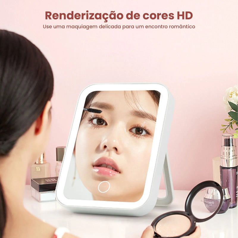 Espelho de Maquiagem LED Recarregável via USB - 3 Camadas com Toque Sensível e 3 Níveis de Iluminação