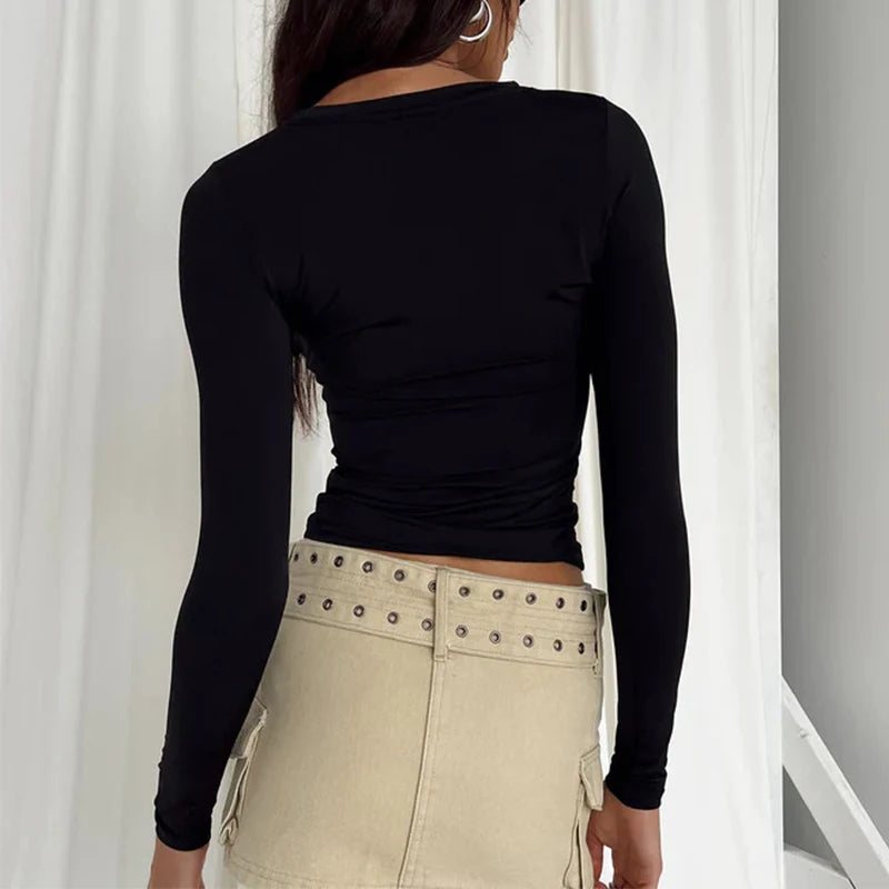 Camiseta de manga comprida feminina Primavera Outono Sólida Slim Fit Camisas casuais Pulôveres femininos Camiseta básica Y2k Roupas Streetwear Crop Tops