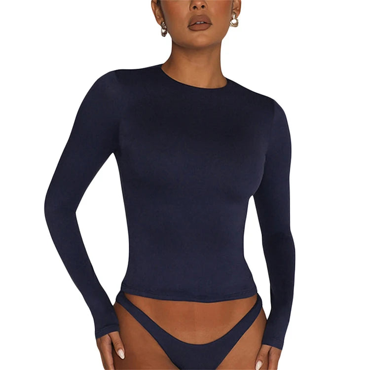 Camiseta de manga comprida feminina Primavera Outono Sólida Slim Fit Camisas casuais Pulôveres femininos Camiseta básica Y2k Roupas Streetwear Crop Tops