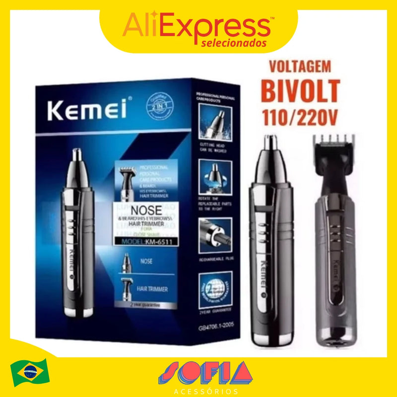 KM-6511 - Máquina de Acabamento 2 em 1 Original Kemei para Barba, Cabelo, Nariz e Orelha, Aparador Portátil Versátil