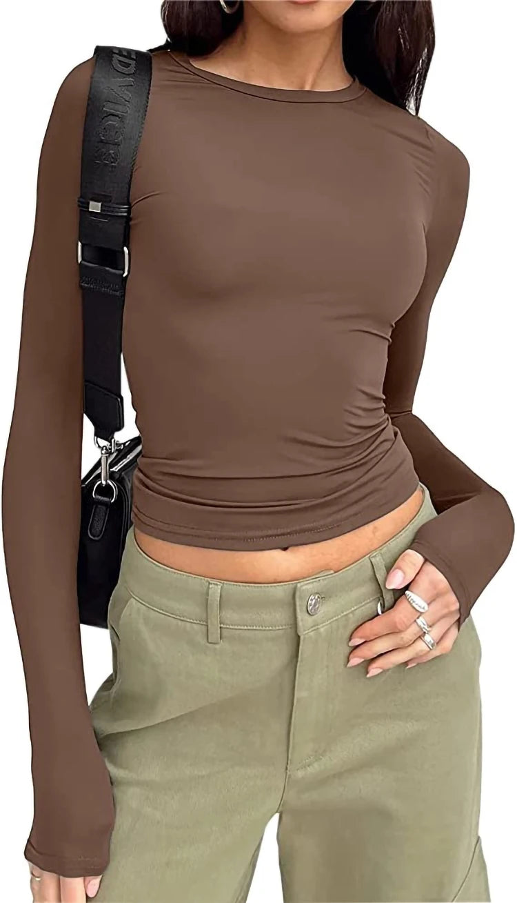 Camiseta de manga comprida feminina Primavera Outono Sólida Slim Fit Camisas casuais Pulôveres femininos Camiseta básica Y2k Roupas Streetwear Crop Tops